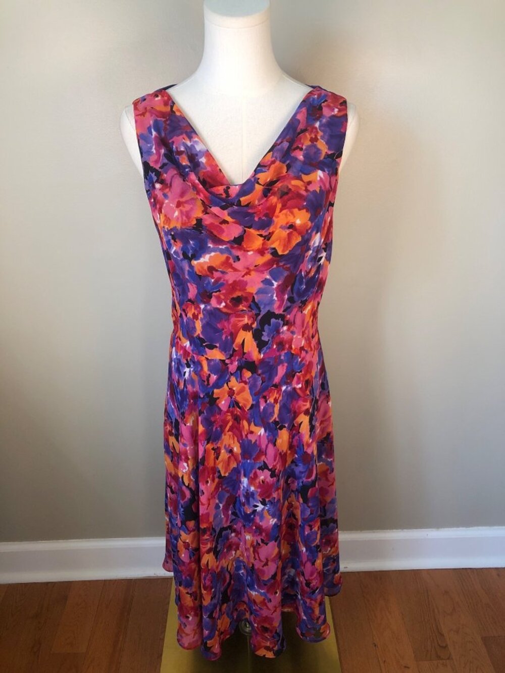 Lauren Ralph Lauren Watercolor Floral Cowl Neck Dress Sz 10 Jewel Tone Fairycore